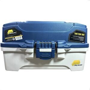PLANO Two Tray Fishing Tackle Box Metallic Blue Off White w/ Dividers No 6202-06